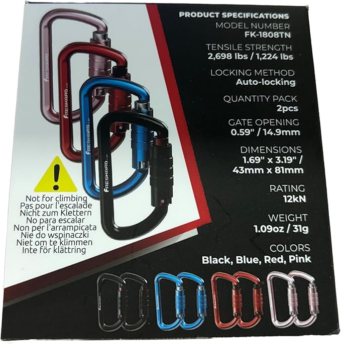 FresKaro 3inch 12kN-2698lbs Auto Locking Carabiner Clips, Solid D Shape, Heavy Duty 7075 Aluminum, Lightweight 1.09oz, Rust Proof, for Hammock, Hiking, Dog Leash, Keychain etc., Multi-Colors