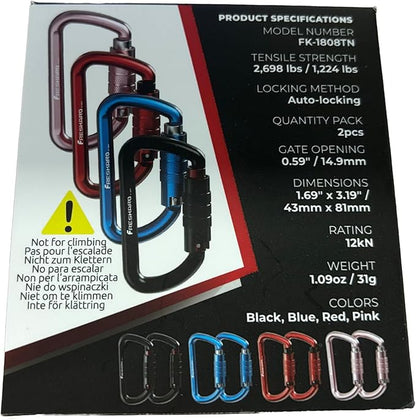 FresKaro 3inch 12kN-2698lbs Auto Locking Carabiner Clips, Solid D Shape, Heavy Duty 7075 Aluminum, Lightweight 1.09oz, Rust Proof, for Hammock, Hiking, Dog Leash, Keychain etc., Multi-Colors