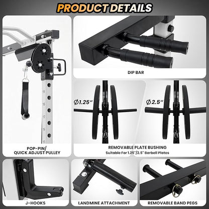 GaveeLife Power Cage, 2000 LBS Power Rack with Cable Cross-Over System, Multi-Functional Strength Training Squat Rack with LAT Pull Down System, Home Gym Equipment with Training Attachment, Red