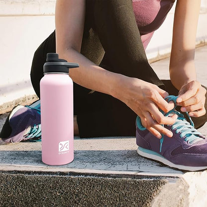 Insulated Water Bottle | Thickened Stainless Steel Vacuum Metal | Portable Sports Water Jug for Gym and Hiking with Straw, Carrier Bag, Handle Strap | BPA-Free 40 oz, Pink