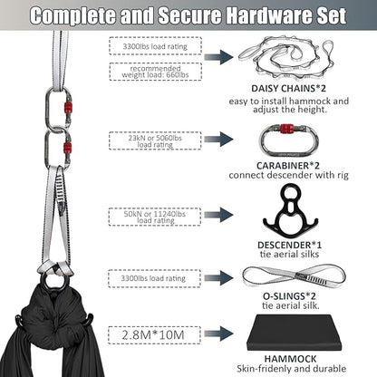 Aerial Silks Kit & Aerial Yoga Hammock - 11Yd Premium Fabric Hardware - Easy Setup for Flying Yoga, Aerial Swing & Fitness - Supports Up to 14ft Rigging