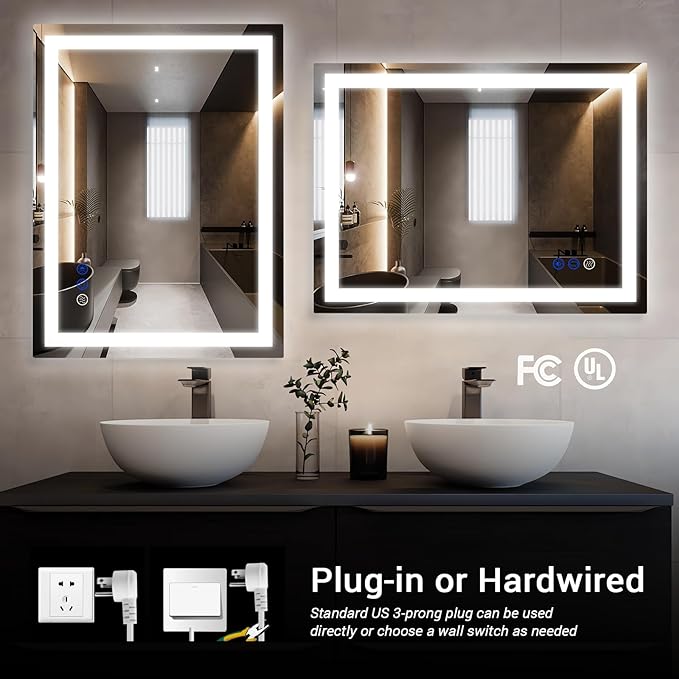LED Bathroom Mirror with Lights Mirrors Smart Vanity 32x24 in,Anti-Fog,3 in,Anti-Fog,3 Colors Dimmable,CRI95+, Touch