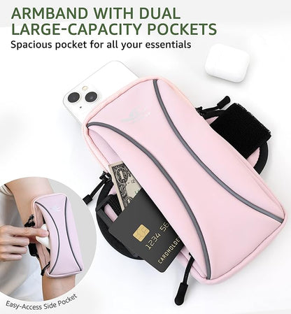 HiRui Arm Bag & Wrist Bag Phone Holder, Sports Running Armband for Gym, Cycling & Workout, Compatible with iPhone 16/15/14 Series, Samsung Galaxy & More, Reflective, Adjustable, Secure Fit (Pink)