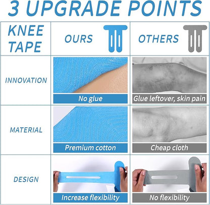 12pcs Precut Tape for Knees, Breathable Elastic Athletic Muscle Tape Strips Flexible, Waterproof Sport Knee Support Patch Stickers for Knee Pain & Stability