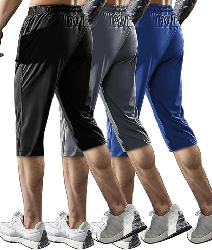 Men's Capri Pants 3/4 Joggers Gym/Workout/Hiking Below Knee Long Shorts Lightweight Quick Dry with Zipper Pockets