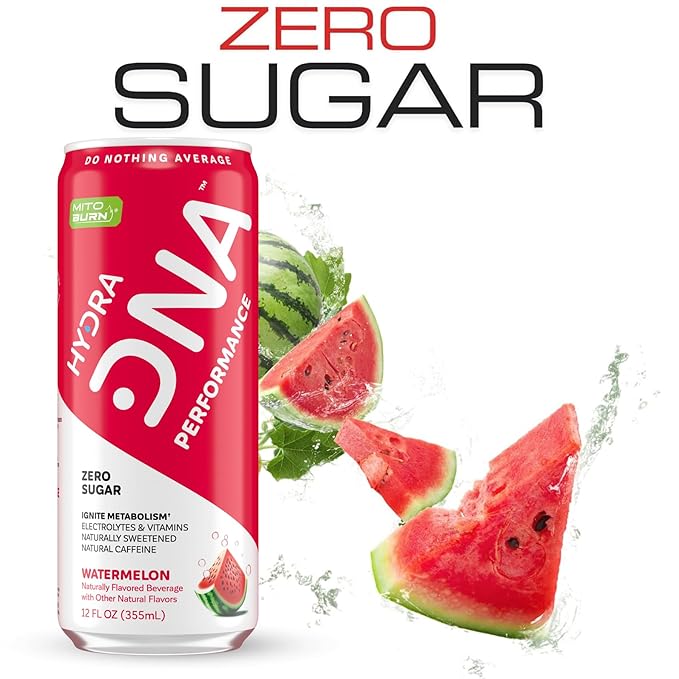 HYDRADNA- Clean Performance Drink, Zero Sugar | For Natural Fuel, Alertness, Boost, Stamina,120 mg Organic Caffeine, Natural Flavors, Zero Sucralose, Clean Ingredients (12 Pack) (12 Pack, Watermelon)