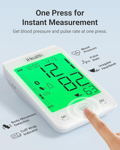 iHealth Accu Luminate Arm Blood Pressure Monitor – 4.5" Large Tri-Color WHO-Based LCD, Clinically Validated Accuracy, Irregular Heartbeat Alert, Bluetooth Cloud Sync, Adjustable Large 8.6"–17" Cuff