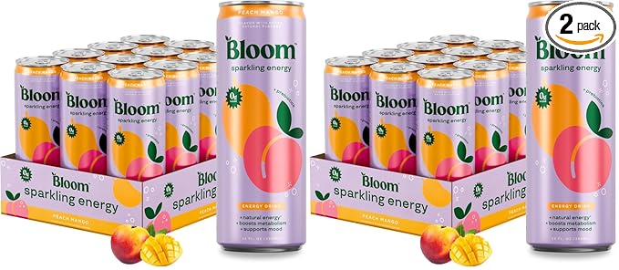 Bloom Nutrition Sparkling Energy Drink for Focus, Natural Caffeine, Zero Sugar, 180mg Caffeine, Antioxidant-Rich with Green Coffee Bean, Green Tea Extract, & Prebiotics, Peach Mango 12oz 24 Pack