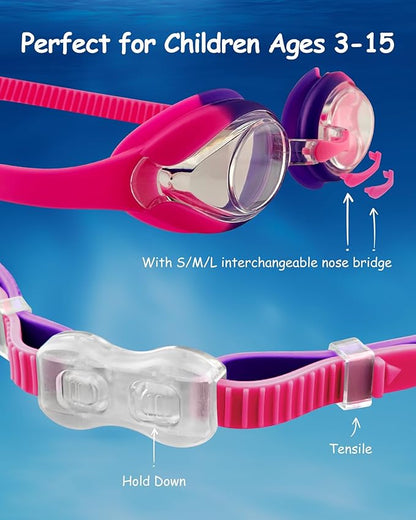 Kids Swim Goggles, Anti-fog and UV Protection with Swim Cap for Age 3-15 Youth Boys Girls Toddler