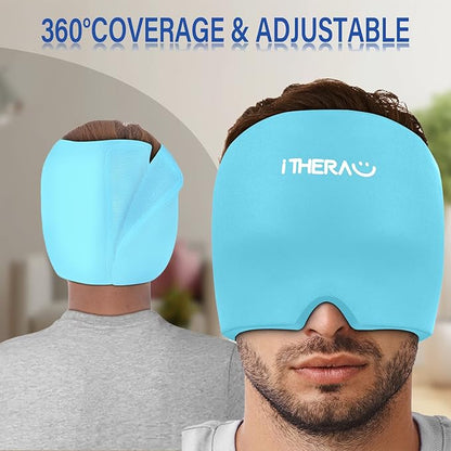 iTHERAU Migraine Relief Cap, Soothing Headache Hat, Gel Ice Pack Head Wrap with Hot and Cold Therapy, Headache Relief Cap for Sinus, Puffy Eyes, Tension and Stress Relief Blue
