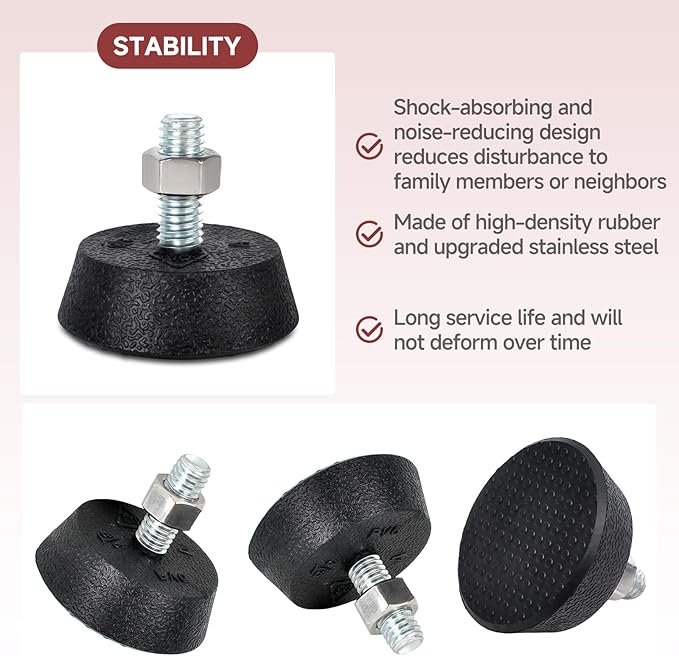 (4 Pack) Leveling Screw Foot Pads for Peloton Exercise Bike - Upgraded Stainless Steel 3/8" Leveling Screws, Anti-Slip Shock Absorbing, Noise Reduction Rubber Stabilizer Feet Replacement Parts
