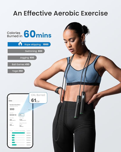 RENPHO Cordless Jump Rope, Weighted Jump Rope with Counter, Jump Ropes for Fitness, Smart Skipping Rope for Crossfit, Gym, Burn Calorie, APP Data Analysis, at-Home-Workout for Women Men Adult Kids