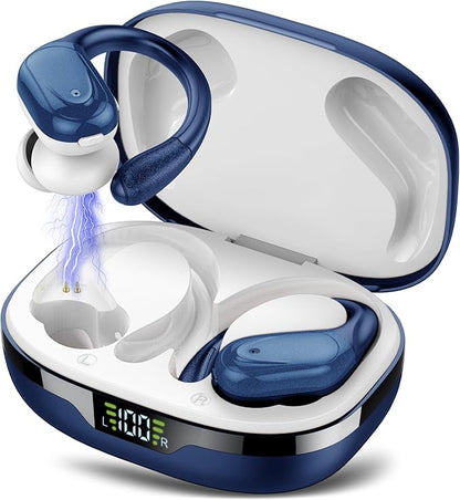 Ear buds Wireless Earbuds Bluetooth 5.3 Headphones 60hrs Playtime with Digital Display Sports Wireless Headphones with Earhook Deep Bass IPX7 Waterproof Over-Ear Earbuds for Android iOS Workout Blue