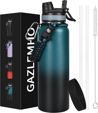 40 oz Insulated Water Bottle with Straw& Spout 2-in-1 Lid, Triple Wall Vacuum Stainless Steel Cold 48H, Leak Proof Sports Metal Flask Jug with Paracord Handle, Indigo Black