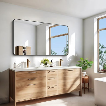 30x55 inch Bathroom Mirror,Black Rectangle Mirror,Wall Mounted Bathroom Frame Vanity Mirror with Round Corner for Bedroom Living Room, Entryway Hangs Horizontal or Vertical