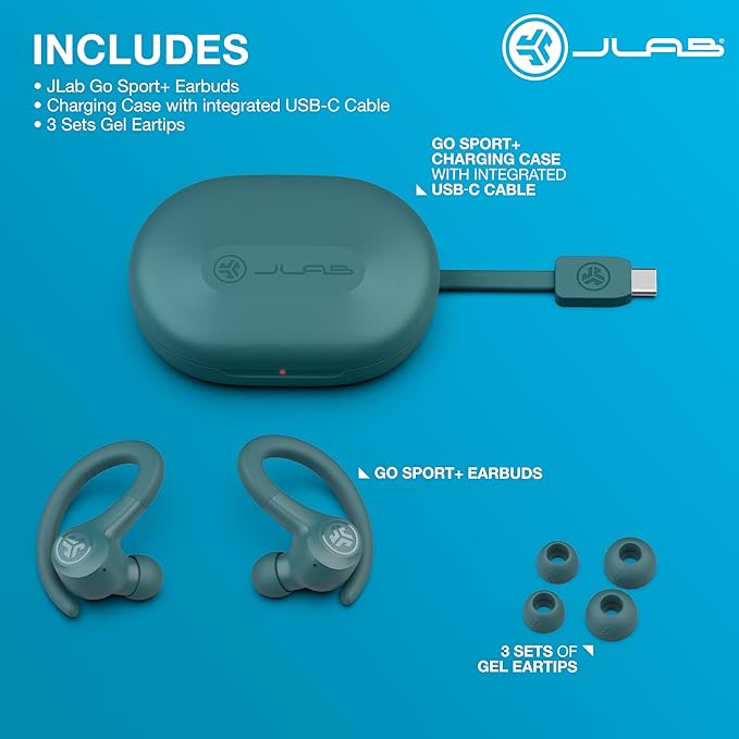JLab Go Sport+ Wireless Workout Earbuds Featuring C3 Clear Calling, Secure Earhook Sport Design, 35+ Hour Bluetooth Playtime, and 3 EQ Sound Settings (Teal)