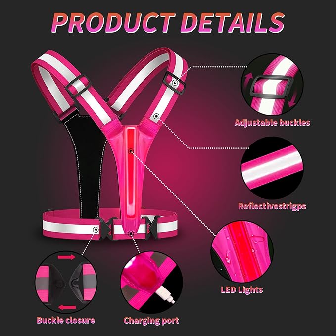 Led Reflective Vest Running Gear,USB Rechargeable Light Up High Visibility Running Vest,6-11hrs Light with Adjustable Waist/Shoulder for Runners Walkers