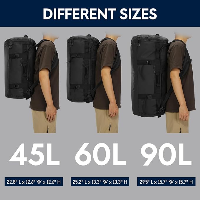 Haimont Duffle Backpack, Travel Duffel Bag with Shoes Compartment, Water-resistant Overnight Daybags for Men Women Daily Trip, Sports Gear, Gym, 45L, Black