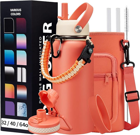 32 oz Sports Water Bottle Insulated - w/Paracord Handle, Straw & Spout Lids, Protective Boot, Sweat Proof Hydro Metal Water Flask Keeps Cold-48H Hot-24H, Travel Thermo Mug for Sports Hiking