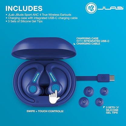JLab JBuds Sport ANC 4 True Wireless Bluetooth Earbuds + Charging Case, Cobalt Blue, Swipe + Touch Controls, Hybrid Active Noise Cancelation, Multipoint Connect, Customized Settings App