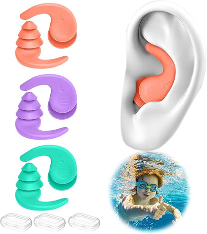 Kids Swimming Ear Plugs,3 Pairs Waterproof Reusable Silicone Child Swim Earplugs for Swimming Surfing Bathing Showering,Small Children Water Ear Plugs Suitable for Boys and Girls (Kids 4-12 Years Old)