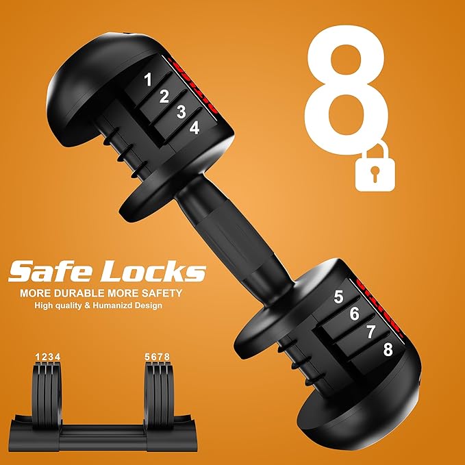 Adjustable Dumbbell,22LBS 44LBS 52LBS Dumbbell Set with Tray for Fitness, Fast Adjust Weight by Turning Anti-Slip Handle, Safety with 8 Lock Slots, Suitable for Men and Women