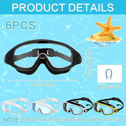 Kanayu 6 Pieces Swimming Goggles Wide View No Leaking Anti Fog Adult Swim Goggles with Earplugs Nose Clip for Adult Men Women
