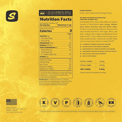 Keto Chow SALTT Electrolytes Powder Packets, Stoked Mango (30 Hydration Packets) - Magnesium, Potassium, Sodium, Trace Minerals - Vegan, Sugar & Gluten Free - Travel Essentials - Made in USA
