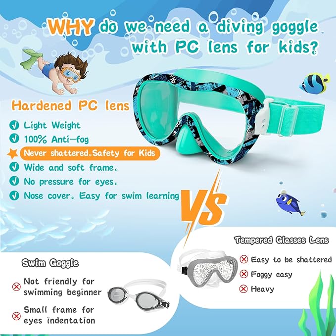 Kids Swim Goggles with Nose Cover, 180° Panoramic Snorkel Mask with Anti-Fog & Anti-Leak Design, Comfort Fabric Strap UV Protection Lens for Boys Girls Ages 3-15