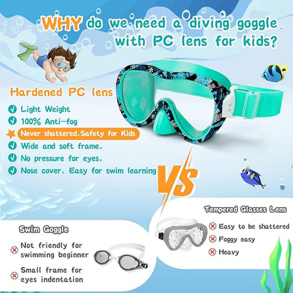 Kids Swim Goggles with Nose Cover, 180° Panoramic Snorkel Mask with Anti-Fog & Anti-Leak Design, Comfort Fabric Strap UV Protection Lens for Boys Girls Ages 3-15
