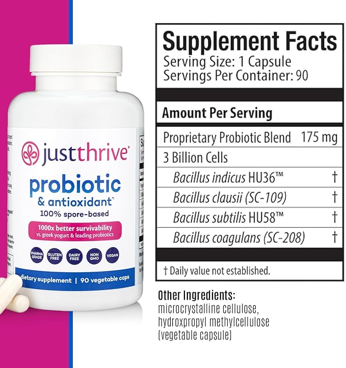 Just Thrive Probiotic & Antioxidant Supplement - 100% Spore-Based Digestive and Immune Support - Gluten Free, 90 Caps