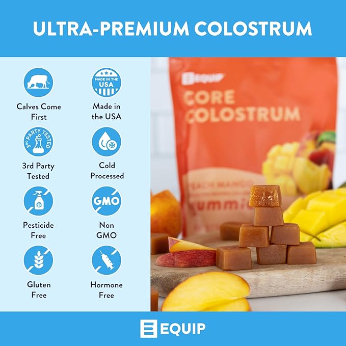 Equip Foods Core Bovine Colostrum Gummies, Delicious 1g Per Seving Grass Fed Colostrum Supplement - Gut Health, Immunity, Recovery, Hair & Skin - 60 Bovine Colostrum Gummies, 30 Servings, Peach Mango