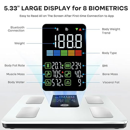 GE Scale for Body Weight Smart: Digital Bathroom Body Fat Scales for BMI Muscle Bluetooth Body Composition Monitor 11.8" Large Platform Accurate Weighing Machine Health Analyzer with App 500lbs, White