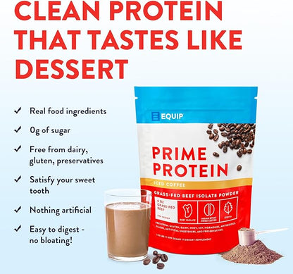 Equip Foods Prime Protein Powder | Clean, Grass Fed Beef Protein Powder | Carnivore Protein Isolate | Paleo, Keto Friendly, Gluten & Dairy Free | Helps Build & Repair Tissue | 30 Servings, Iced Coffee