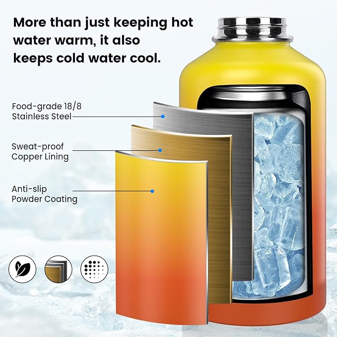 Insulated Water Bottle 128 oz, Triple Wall Vacuum Stainless Steel(Cold for 48 Hrs),Leak Proof & BPA-Free,One Gallon Water Bottle with Reflective Paracord & Flip Straw for Sports & Travel, Sunset