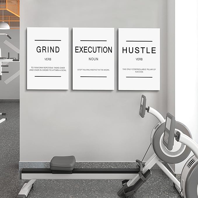 Framed Canvas Wall Art Success Quote, Office Wall Art, White Large Poster, Positive Motivational Set of 3 Prints, Grind Execution Hustle Poster, Inspirational Print