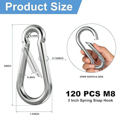 120PCS 3" Spring Snap Hook Carabiners, M8 x 3-1/8inch Heavy Duty Carabiner Clip Galvanized Steel Quick Link Snap Hook, 500LBS Holding Capacity for Swing, Hammock, Hiking, Gym, Travel Camping, Keychain