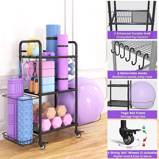 Home Gym Storage Rack Exercise Equipment Storage Organizer for Yoga Mat Dumbbells Kettlebells Foam Roller Yoga Strap & Resistance Bands, Ideal Yoga Mat Holder & Workout Equipment Organizer