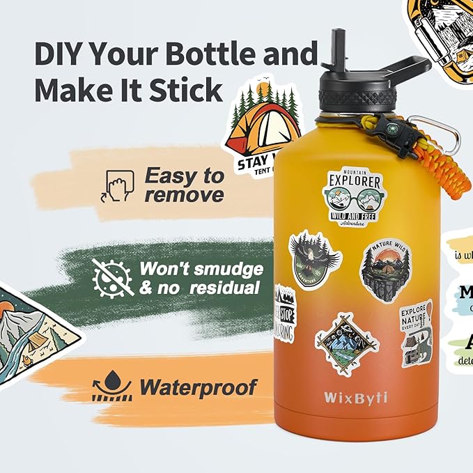 One Gallon Water Bottle Insulated with DIY Stickers, Triple Wall Vacuum Cold for 48 Hrs Leak-proof Non-BPA, 128oz Large Sports Stainless Steel Water Jug with Paracord Handle Straw Spout Lids
