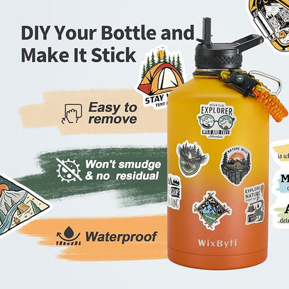 One Gallon Water Bottle Insulated with DIY Stickers, Triple Wall Vacuum Cold for 48 Hrs Leak-proof Non-BPA, 128oz Large Sports Stainless Steel Water Jug with Paracord Handle Straw Spout Lids