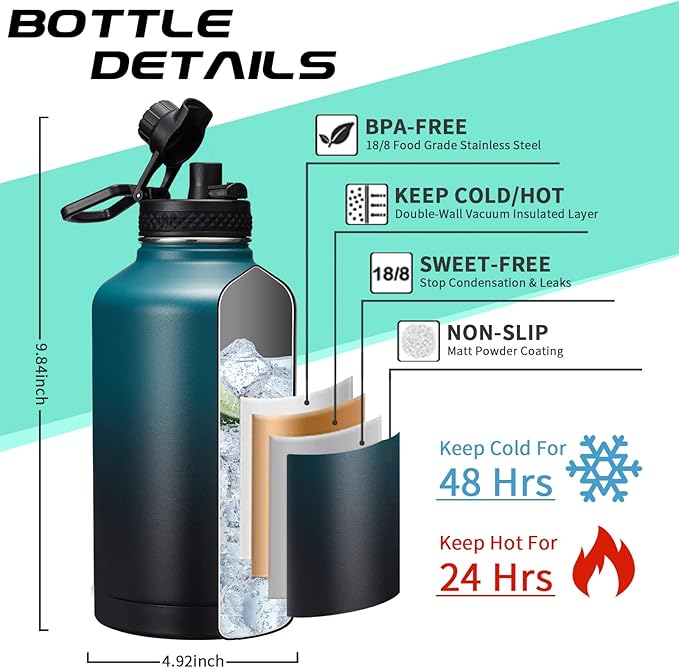 Half-gallon Insulated Water-Bottle with Straw - Stainless Steel Thermo Jug with Spout Straws Lids, Paracord Handle & Bottle Sleeve, 64OZ Vacuum Thermo Water Bottle for Camping Trip