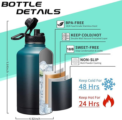 Half-gallon Insulated Water-Bottle with Straw - Stainless Steel Thermo Jug with Spout Straws Lids, Paracord Handle & Bottle Sleeve, 64OZ Vacuum Thermo Water Bottle for Camping Trip
