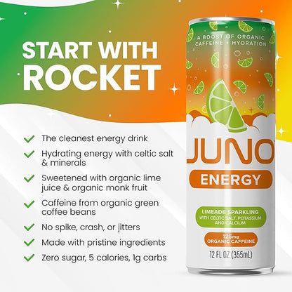 JUNO ENERGY Limeade Sparkling Energy Drink - Sugar Free Electrolytes, Energizing and Hydrating with 125mg Organic Caffeine from Green Coffee Beans, Organic Monk Fruit, Lime Juice & Electrolytes - Vegan, Gluten Free, 12 Pack