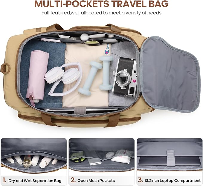 Gym Bag for Men and Women with Shoe & Laptop Compartment, 3-in-1 Sports Travel Duffel Bag Anti-Theft Weekender Carry-On Backpack for Airplane & Workout, Overnight Travel Bag,35L (Khaki, Medium)
