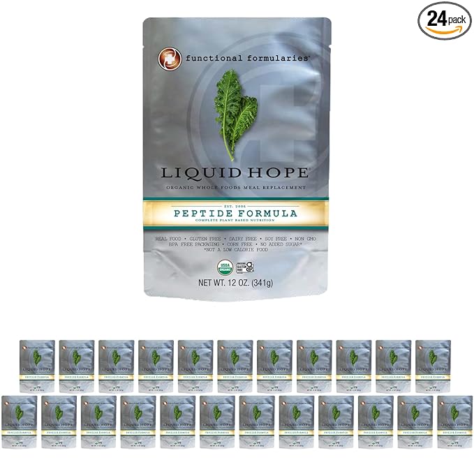 Functional Formularies Liquid Hope Peptide Organic Tube Feeding Formula and Nutritional Meal Replacement Supplement, 12 Oz Pouch, Pack of 24