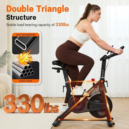 Exercise Bike, Indoor Stationary Bike for Home with Silent Belt Drive, Adjustable Resistance, App Compatible Cycling Bike with LCD Monitor, 330lbs Capacity Workout Bike