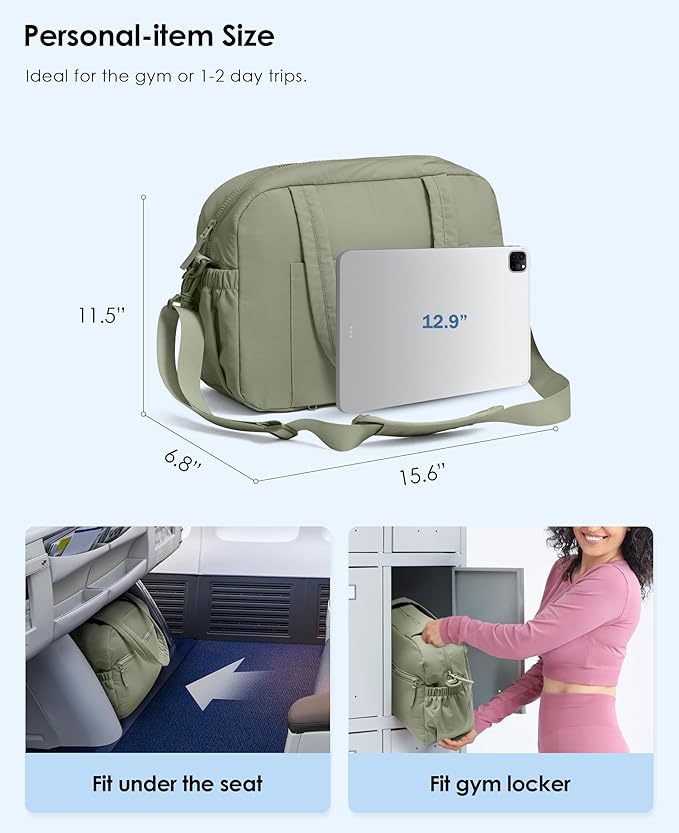 Gym Bag for Women, Travel Duffle Bags with Wet Pocket, Lightweight Carry on Bag Overnight Weekender Duffel Bag, Water Resistant (Grey Sage)