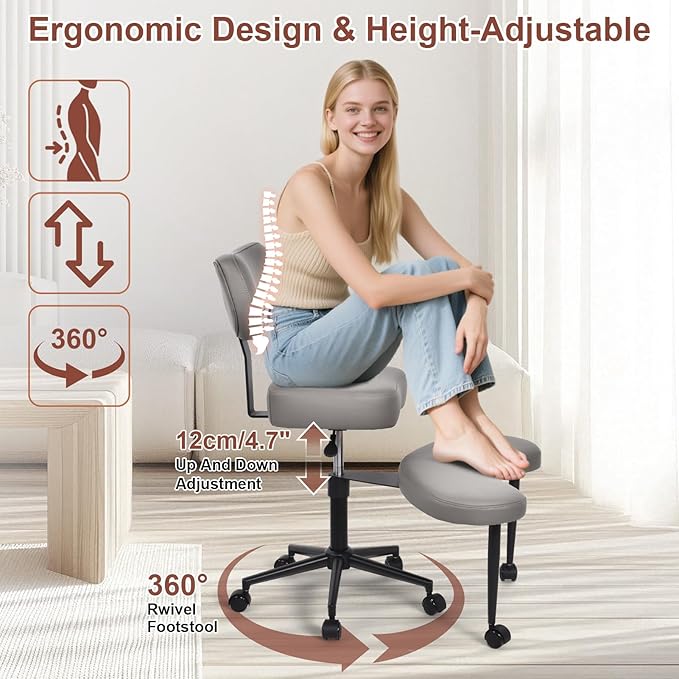 Meditation Chair Cross Legged ADHD Office Chair for Adults with Wheels Ergonomic Back Support and Leg Rest for Multi Position Criss Cross Sitting Kneeling and Yoga Height Adjustable, Leather Style
