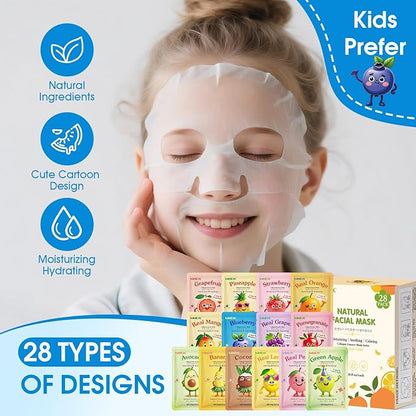 28 Pack Fruit Face Masks Skincare for Kids Girls, Sheet Collagen Face Mask for Women Skin Care, Bulk Hydrating Facial Mask for All Skin Types, Christmas Birthday Party Spa Gifts for Teens