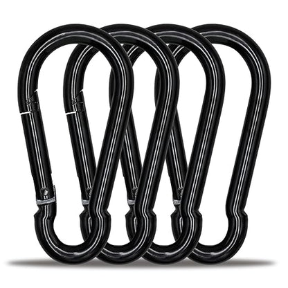 KINLINK 4 Pack Black Carabiner Clip, 4 inch Heavy Duty Spring Snap Hook, Caribeener Clips for Outdoor Camping, Swing Set, Hammock, Hiking Travel, Fishing, Weight Lifting Machine